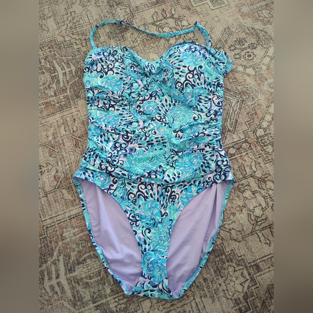 Lilly Pulitzer Flamenco One Piece Swimsuit Light Aqua Spritz Size 16New
